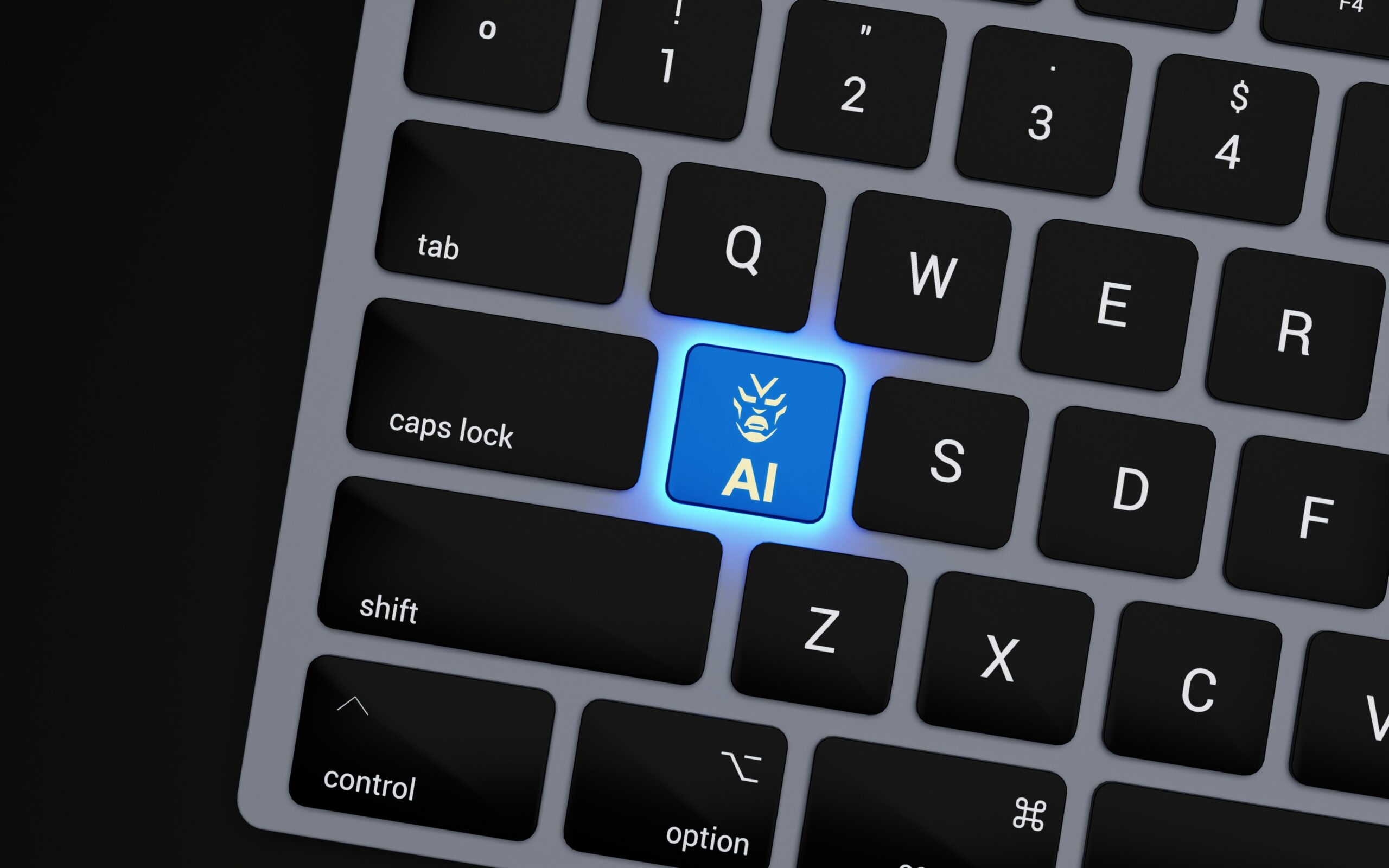 a close up of a keyboard with a blue button, AI at work