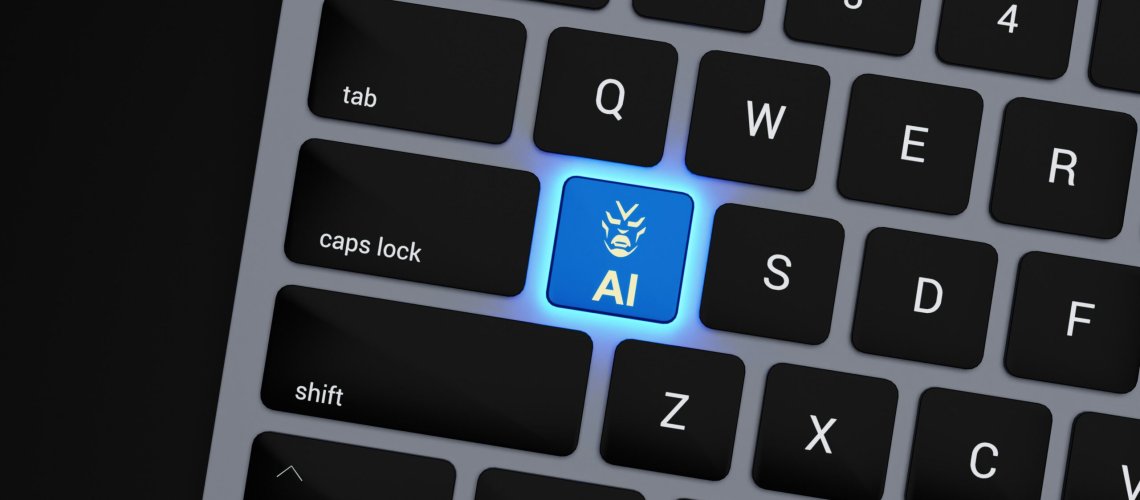 a close up of a keyboard with a blue button, AI at work